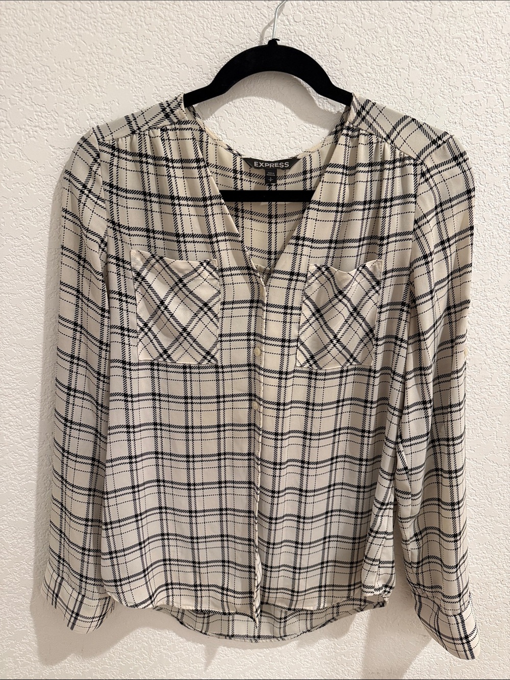 Express Cream and Black Plaid V-Neck Button-Front Blouse